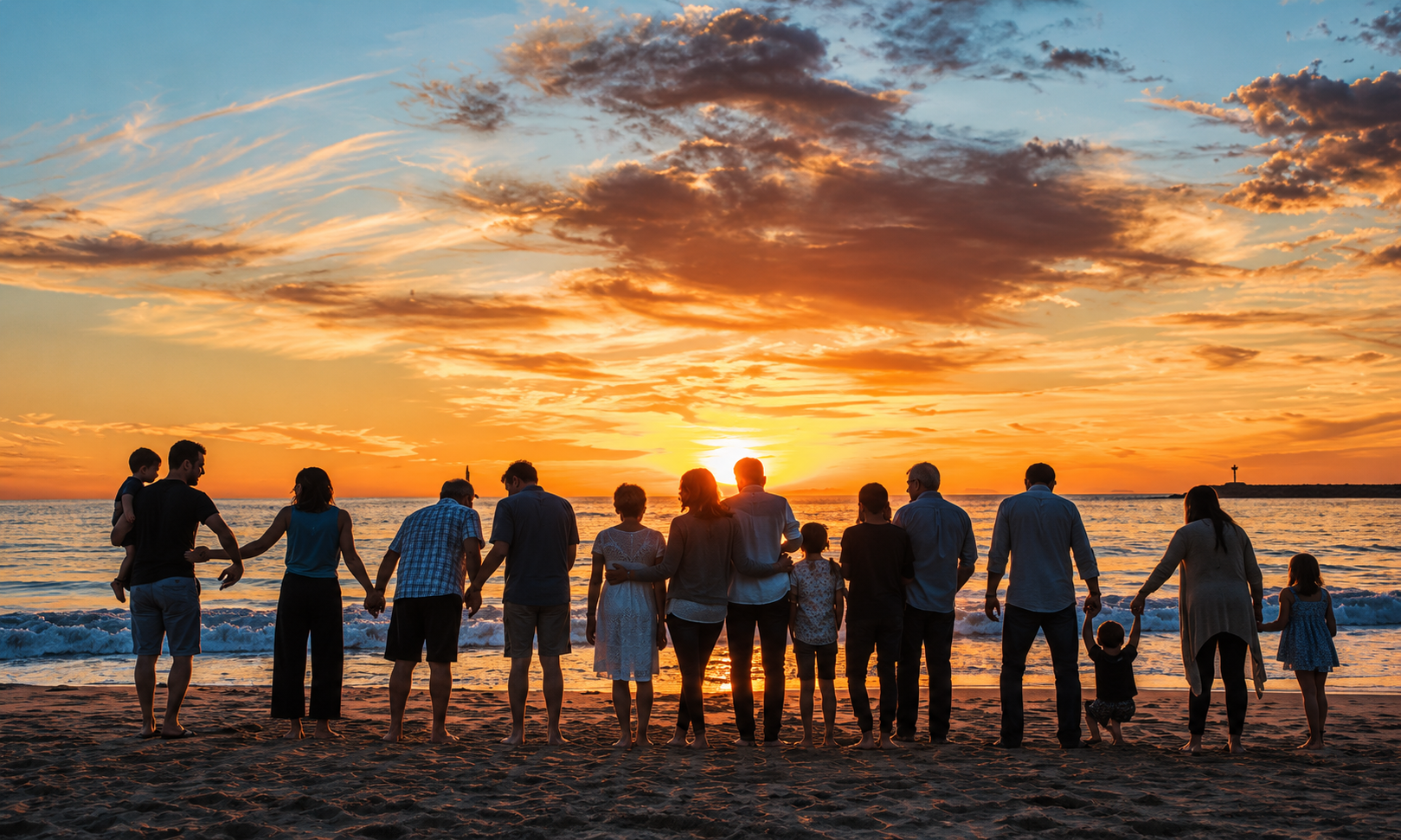 famiglia unita sulla spiaggia al tramonto 1